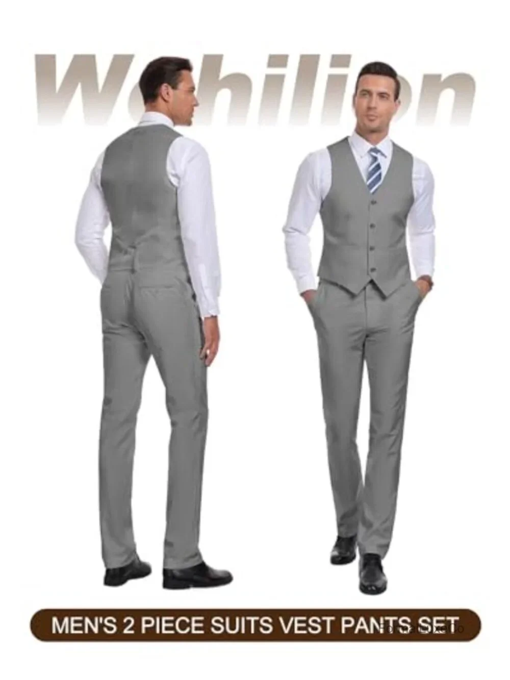 Men's 2-Piece Suit Set, Vest and Pants, V-Neck Slim Fit, Adjustable Back Belt,